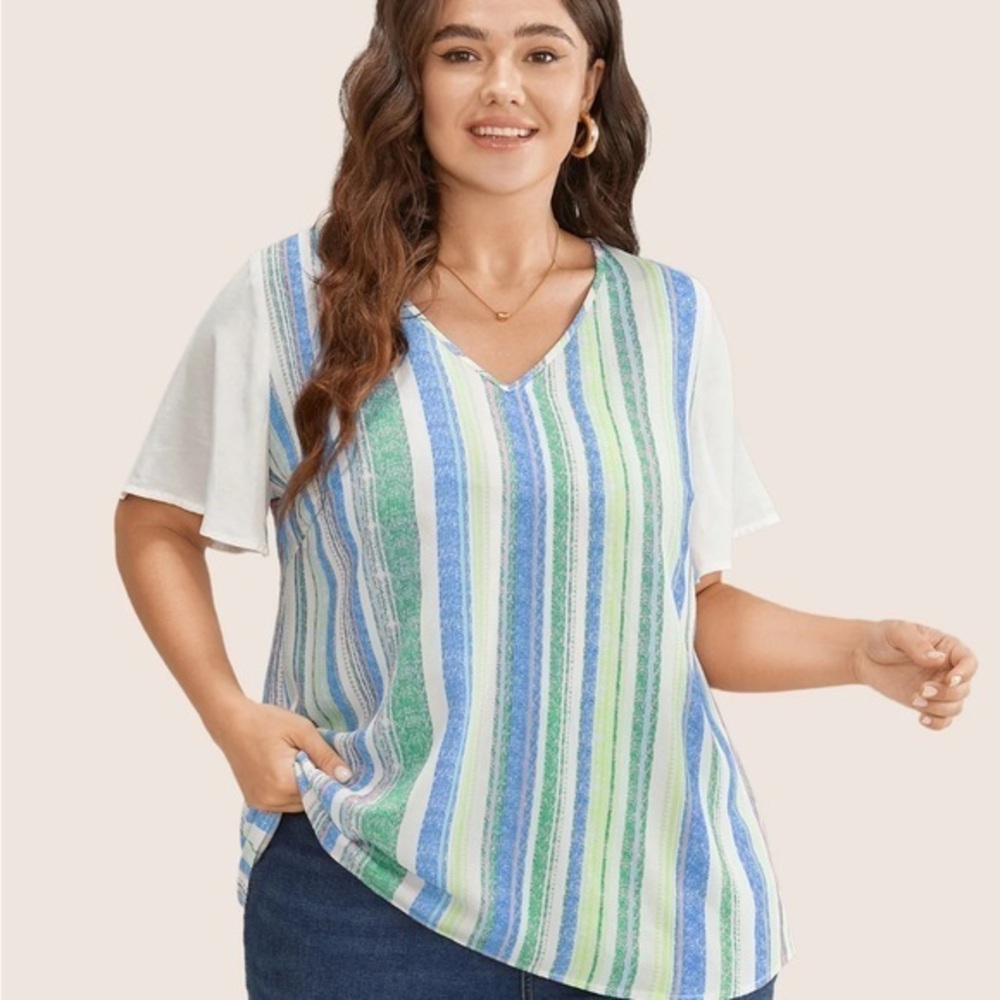 BloomChic V-neck Striped Contrast Patchwork Ruffle Sleeve Blouse Size 12 L